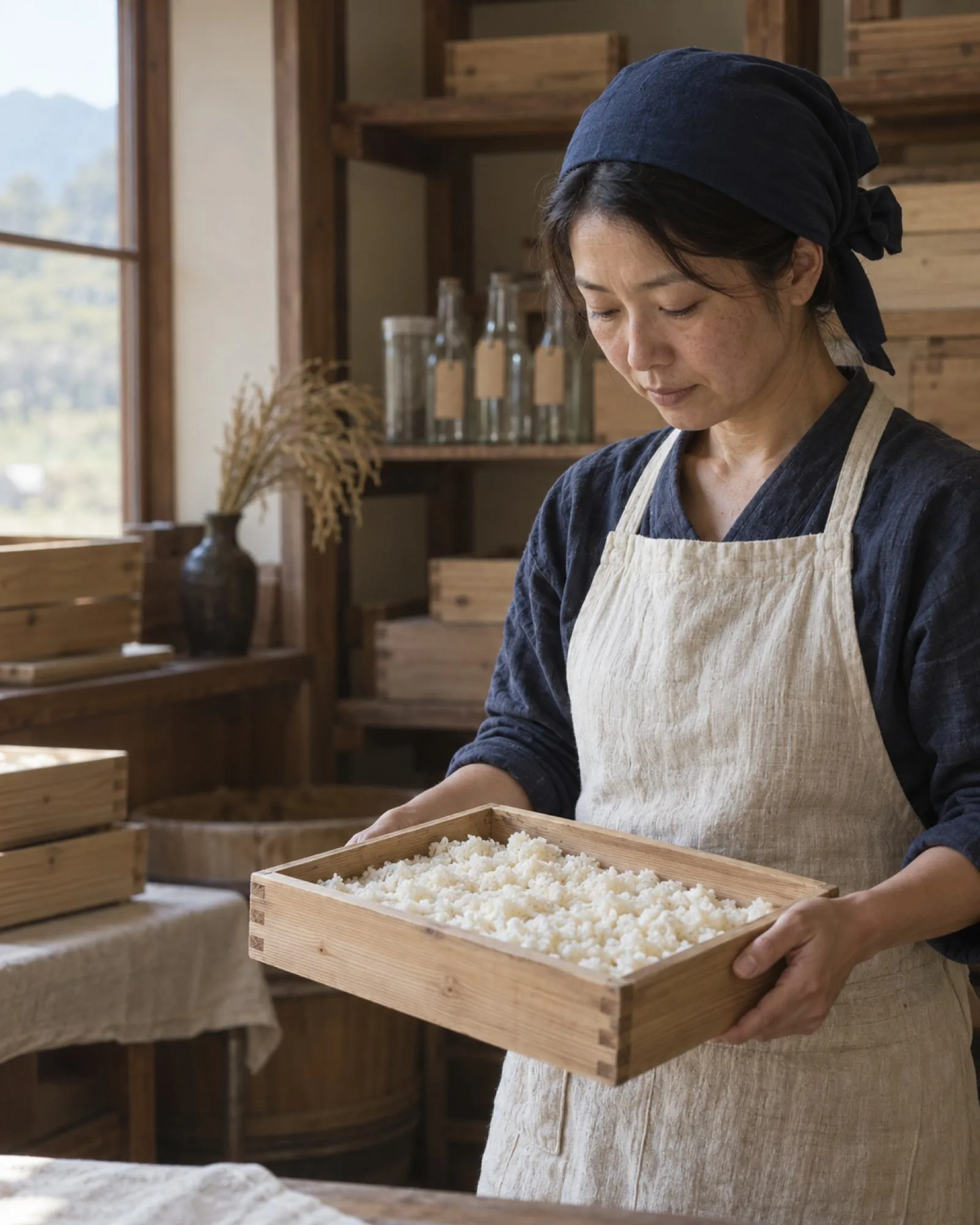木の作業場で、杉の麹箱を持って麹を見つめる麹屋の女性（イメージ・見本）