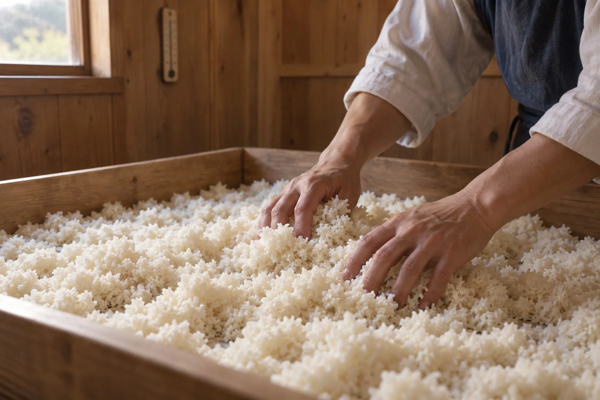 杉板の麹室で、白い麹菌のついた米を浅い杉の箱に広げる手（イメージ・見本）
