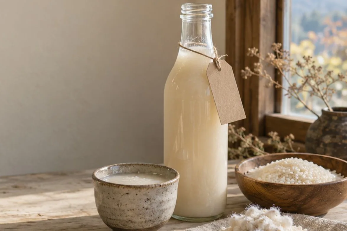 木のテーブルの上に、米と麹だけの甘酒の瓶と、注いだ器と、米と米麹（イメージ・見本）